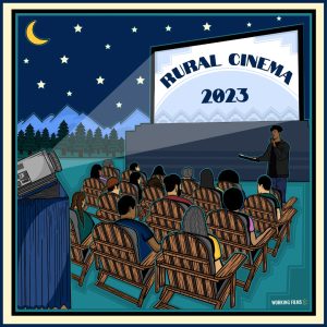 Rural Cinema program artwork of a an outdoor movie screening on a starry night with people sitting on lawn chairs.